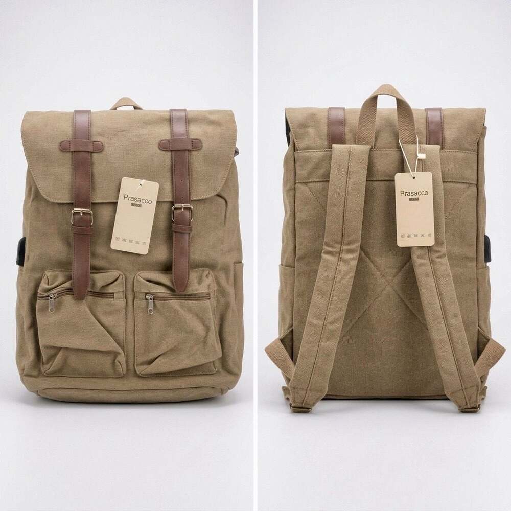 Prasacco Vintage Khaki Canvas Laptop Backpack w/External USB port for charging - Picture 3 of 4